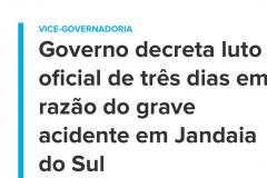 Governo decreta luto oficial de três dias em razão do grave acidente em Jandaia do Sul